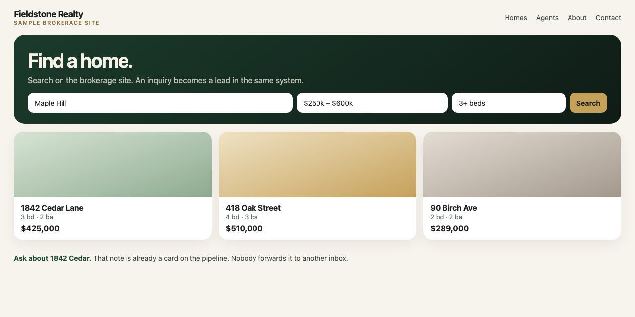 Sample brokerage website with a home search and listings, including 1842 Cedar Lane.